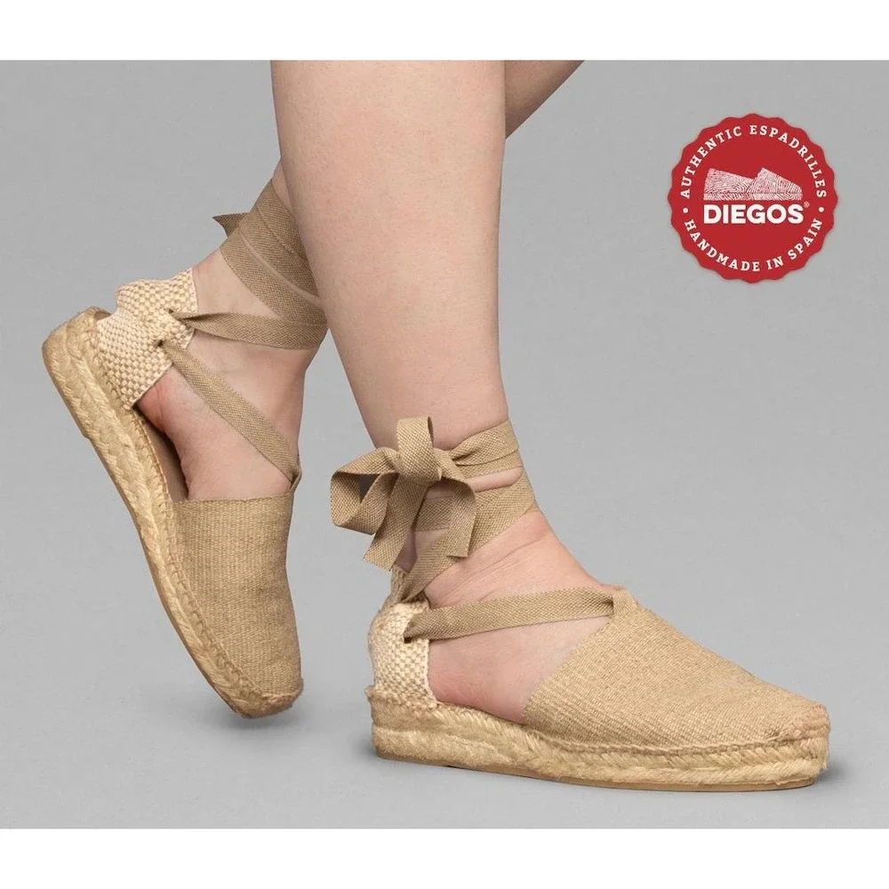 Diegos Classic Low Wedge Linen Lola Espadrilles Tan Lace Up Spain Womens 39